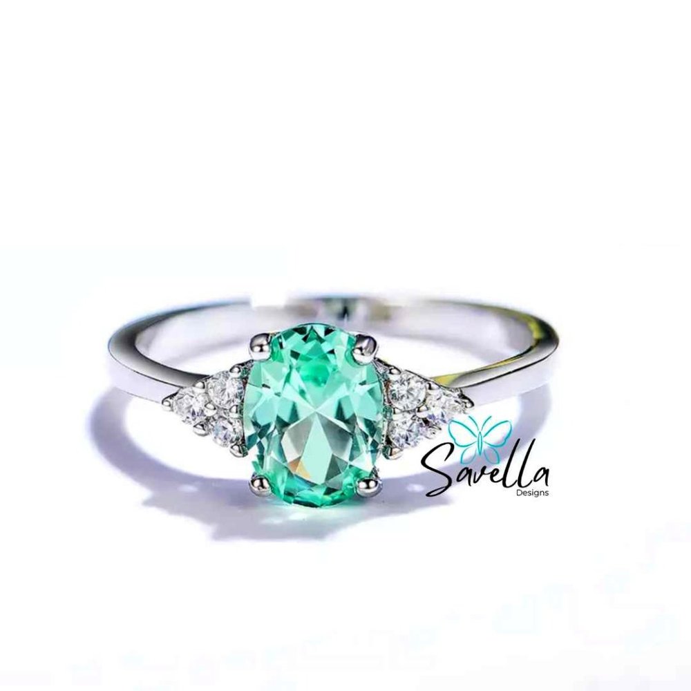 Bluish-Green Emerald Solitaire Ring in Solid Sterling Silver with Accents